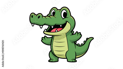 Cute cartoon crocodile character smiling and waving, isolated white background