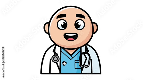 Friendly Smiling Doctor Cartoon Character in Scrubs and Stethoscope on an Isolated White Background