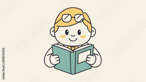 Happy Young Boy Wearing Glasses Happily Reading a Book on a Light Beige Background