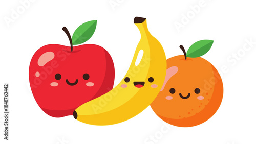 Cute cartoon happy fruits apple, banana, and orange, isolated white background