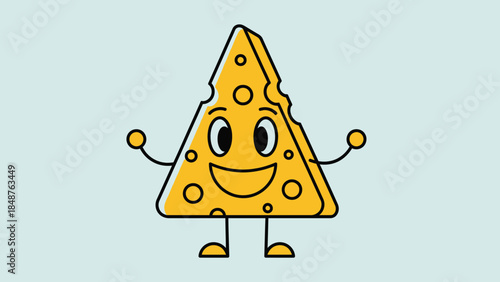 Happy cartoon cheese slice character with hands on light blue studio background