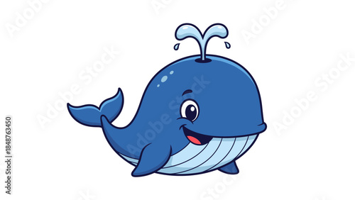Cute cartoon blue whale spouting water and smiling, isolated white background
