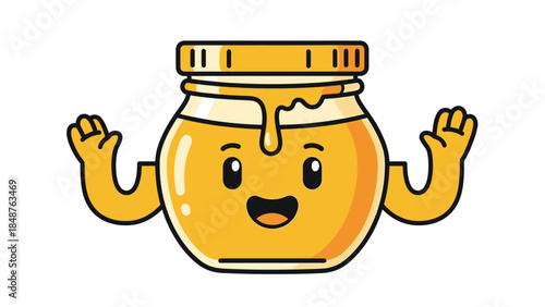 Cute Happy Honey Jar Cartoon Character Smiling and Waving on an Isolated White Background