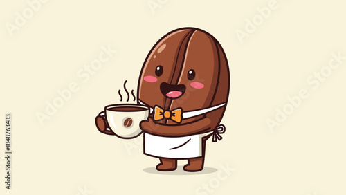 Cute Coffee Bean Cartoon Character Happily Serving a Hot Steaming Cup of Coffee on a Light Yellow Background
