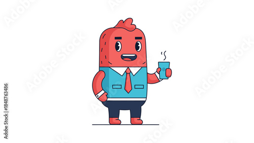 Happy cartoon character holding a steaming coffee cup, in bright studio