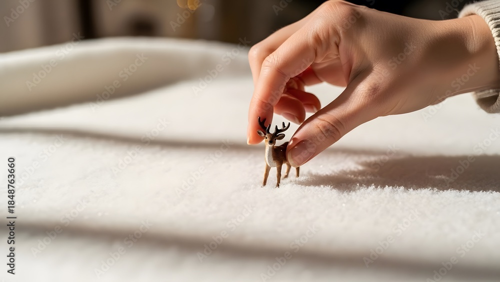 Fototapeta premium Hand holding small figurine on white surface.