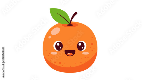Cheerful Happy Cartoon Orange Fruit Smiling with a Green Leaf on an Isolated White Background