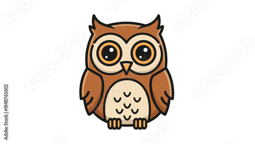Adorable Cute Cartoon Owl Standing and Looking Forward on an Isolated White Background