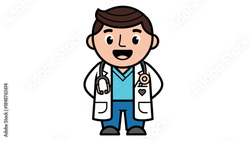 Friendly Male Doctor Mascot Standing with a Stethoscope on an Isolated White Background