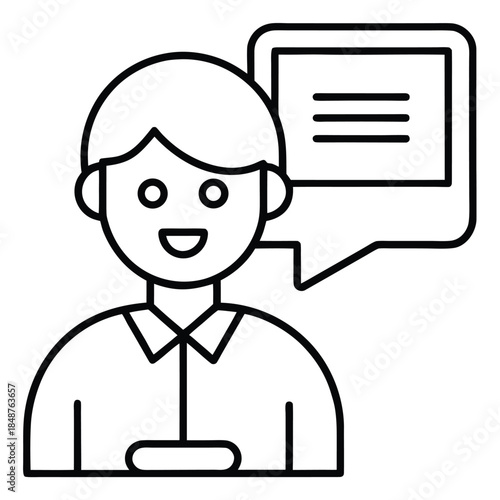 Line drawing of smiling man with speech bubble