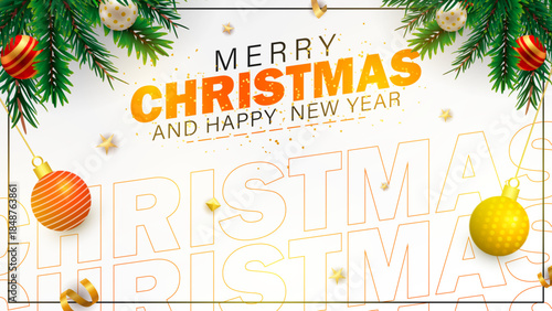 Merry Christmas and Happy New Year 2026 Greeting Banner, Festive Holiday Background with 3D Bells and Gold Ornaments, Modern 2026 New Year Poster with Pink Stripes and Baubles, Elegant Christmas 