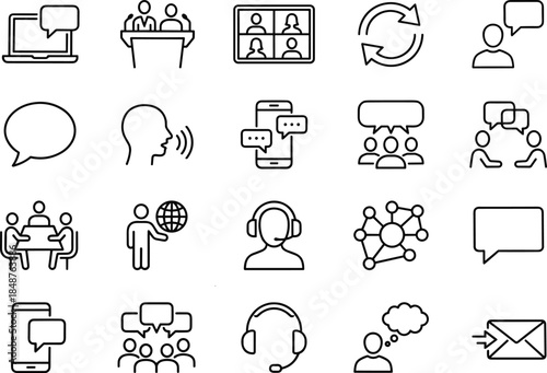 Communication and collaboration line icon set featuring chat video meetings messaging support teamwork networking symbols for modern business digital platforms