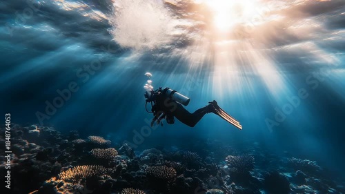 Wallpaper Mural Scuba diver exploring coral reef under ocean water with rays of sunlight streaming through surface, symbol of underwater exploration, marine life, diving sport, travel, discovery and aquatic lifestyle Torontodigital.ca