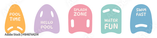 Set of swimming kickboards icons with hand drawn typography for kids summer swimming design. Colorful swim boards. Equipment for pool. Flat vector illustration