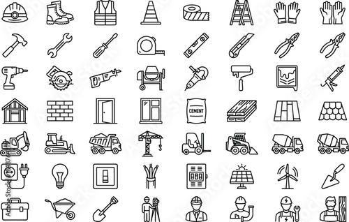 Construction and industrial tools icon set featuring safety equipment machinery materials workers symbols for building engineering renovation and infrastructure projects