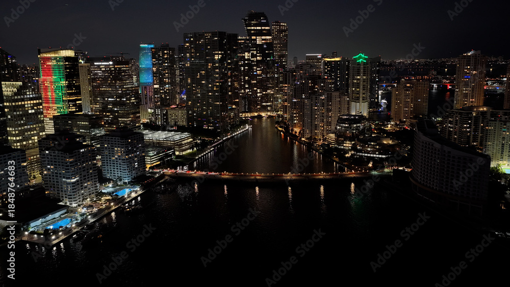 Fototapeta premium Brickell Bay At Miami In Florida United States. Illuminated City. City At Night Scenery. Downtown District. Brickell Bay At Miami In Florida United States. Amazing Cityscape.