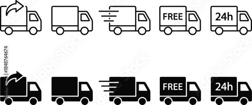 Delivery truck icon set vector illustration featuring free shipping fast transport return service 24h logistics outline solid design collection icons