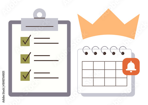 Checklist with tick marks, calendar with reminder icon, and crown representing priorities. Ideal for productivity, organization, planning, goals, efficiency prioritization scheduling. Simple flat