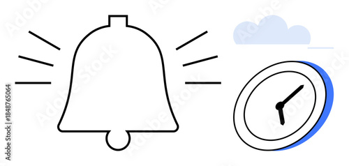 Time management, reminders, notifications, productivity, planning, punctuality. Bell icon with sound lines next to an analog clock and a cloud. Time management and reminders concept