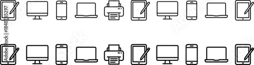 Device technology icon set featuring smartphone tablet laptop desktop printer symbols for responsive design interface and digital workflow management systems