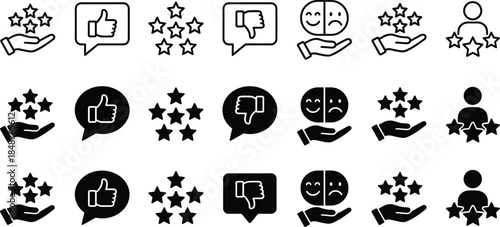 Customer feedback rating icon set featuring stars likes dislikes satisfaction emotions reviews evaluation symbols for service quality and user experience