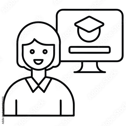 woman in front of computer screen with graduation cap icon