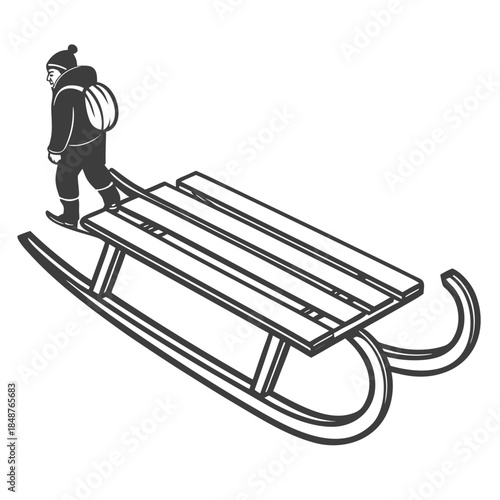 Title: A detailed of a wooden sled with curved runners and a flat seating area designed for snow
