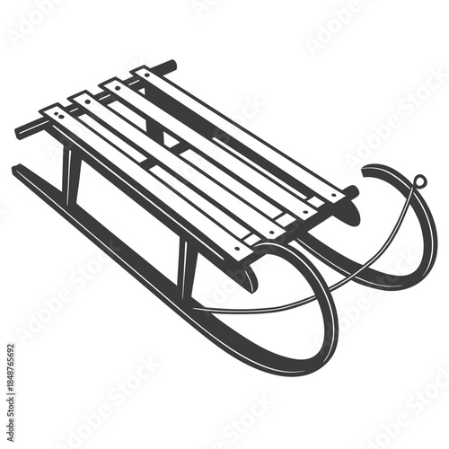 Title: A detailed of a wooden sled with curved metal runners and a flat seating area designed for