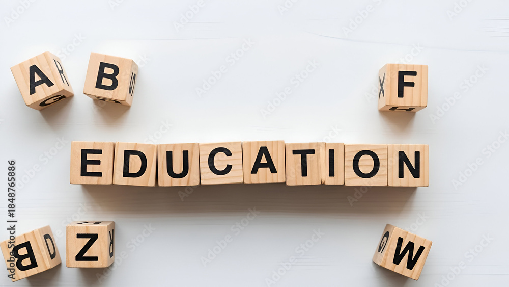 Obraz premium Wooden alphabet blocks spelling out the word EDUCATION on a white background, surrounded by other scattered letter blocks.