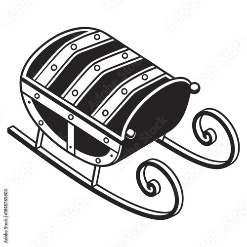 Title: A black and white of a wooden barrel with metal bands and a curved handle on the side