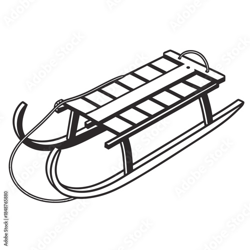 Title: A black and white of a traditional wooden sled with curved runners and a flat seating area