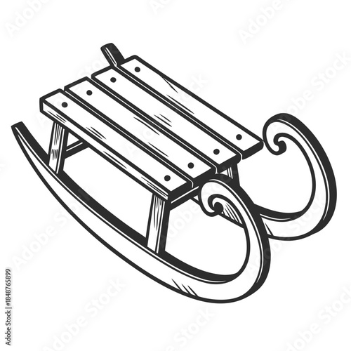 Title: A simple line of a wooden sled with a flat seating area and curved runners