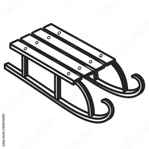 Title: A black and white of a simple wooden sled with a flat seating area and curved runners