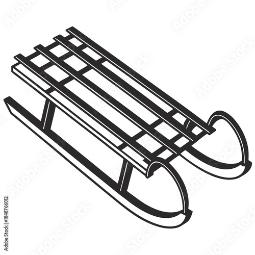 Title: A black and white of a traditional wooden sled with curved runners and a flat seating area