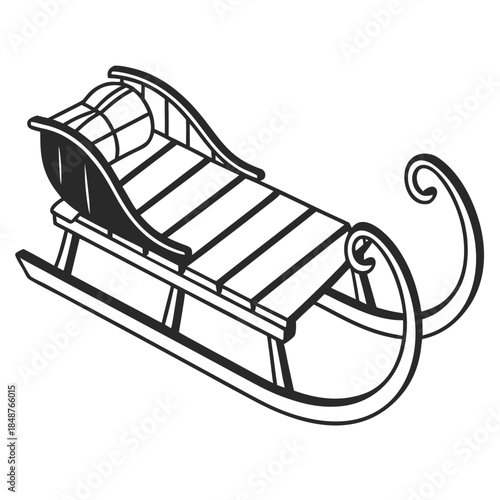 Title: A black and white of a person sitting on a wooden sled with a rope attached to the front