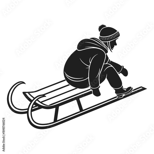 Title: A black and white of a wooden sled with a curved front and a rope attached to the front