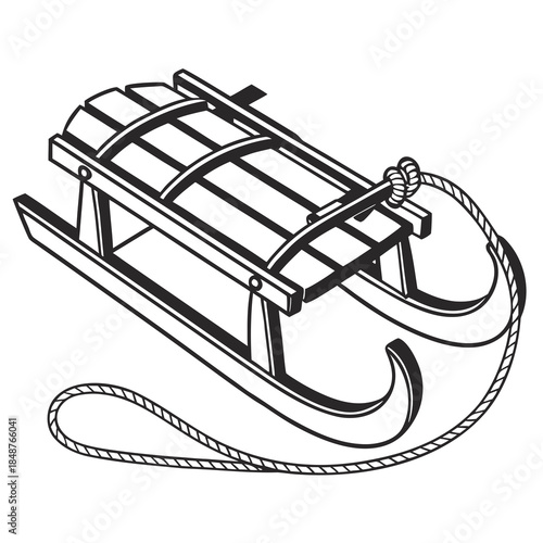 Title: A black and white of a wooden sled with a rope attached to the front for pulling