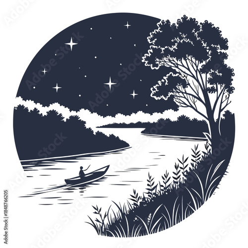 Title: A person paddling a canoe on a serene lake under a starry night sky with trees and