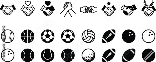Handshake and sports icon set featuring partnership teamwork balls symbols for business friendship competition unity and athletic concepts branding design