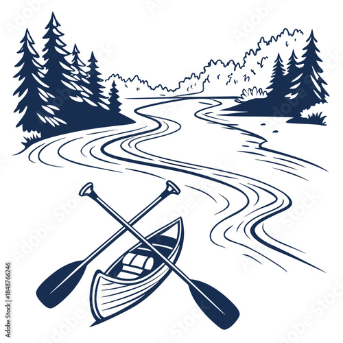 Title: Two crossed canoe paddles with a canoe and a scenic river landscape with trees and flowing