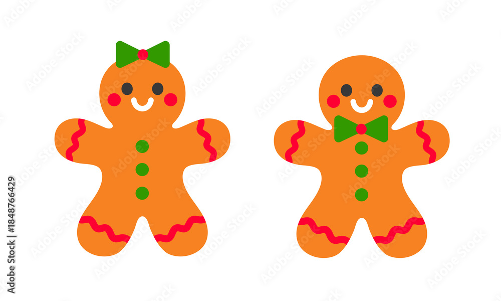 Fototapeta premium Gingerbread Characters with Festive Icing Details. Christmas Cookie Illustration for Holiday Cards, Decorations, Seasonal Crafts and Winter Baking Designs
