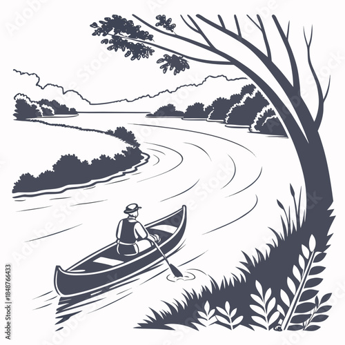 Title: A person in a canoe paddling on a winding river surrounded by trees and vegetation with a