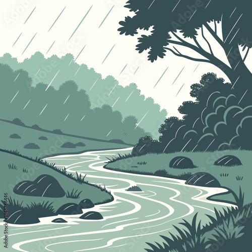 Title: A winding path through a forest with raindrops falling and rocks along the trail
