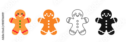 Gingerbread Man Set in Color, Outline and Silhouette Styles. Festive Christmas Cookie Illustrations for Holiday Cards, Decorations, Baking Graphics and Seasonal Crafts