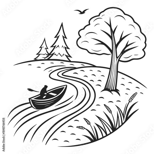 Title: A person paddling a canoe on a winding river with a large tree and mountains in the