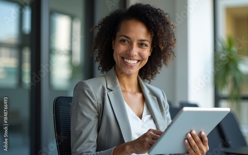 Female portrait latin ceo leader business woman in office, holding digital device, looking at camera. Middle age manager specialist businesswoman using tablet pc at work for financial data analyzing