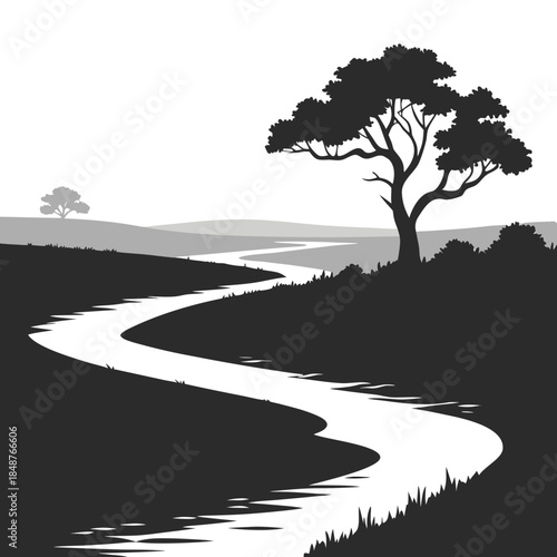 Title: A winding path leading to a large tree in a natural setting with a distant horizon