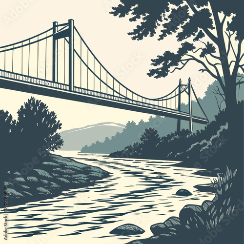 Title: A shield-shaped emblem with a mountain landscape and river in a black and white