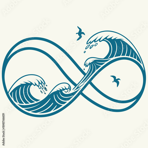 Title: A stylized infinity symbol with waves and birds in a minimalist blue and white