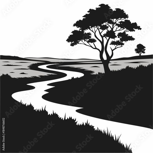Title: A winding river with a large tree and grassy banks in a minimalist black and white